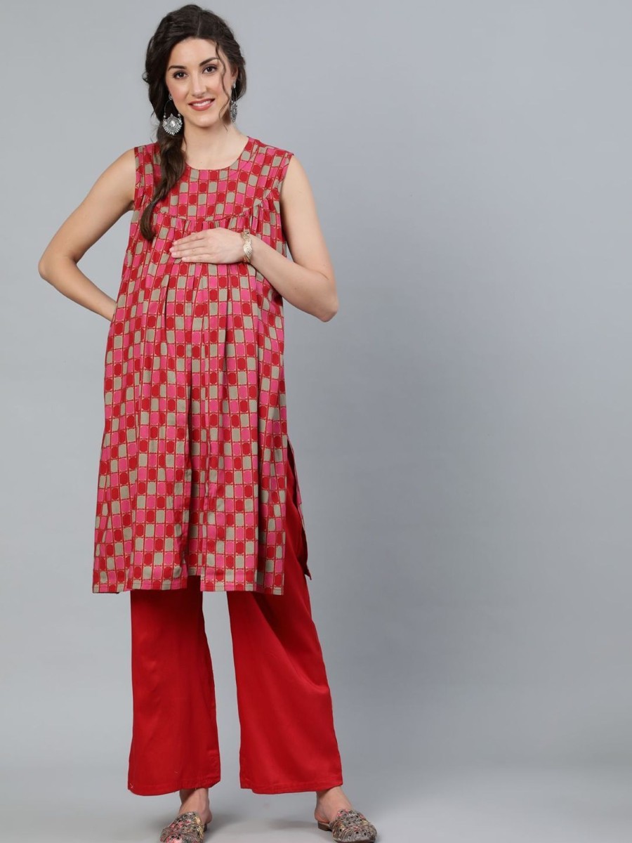 Women AKS | Women'S Gold Printed Maternity Tunic - Aks Red