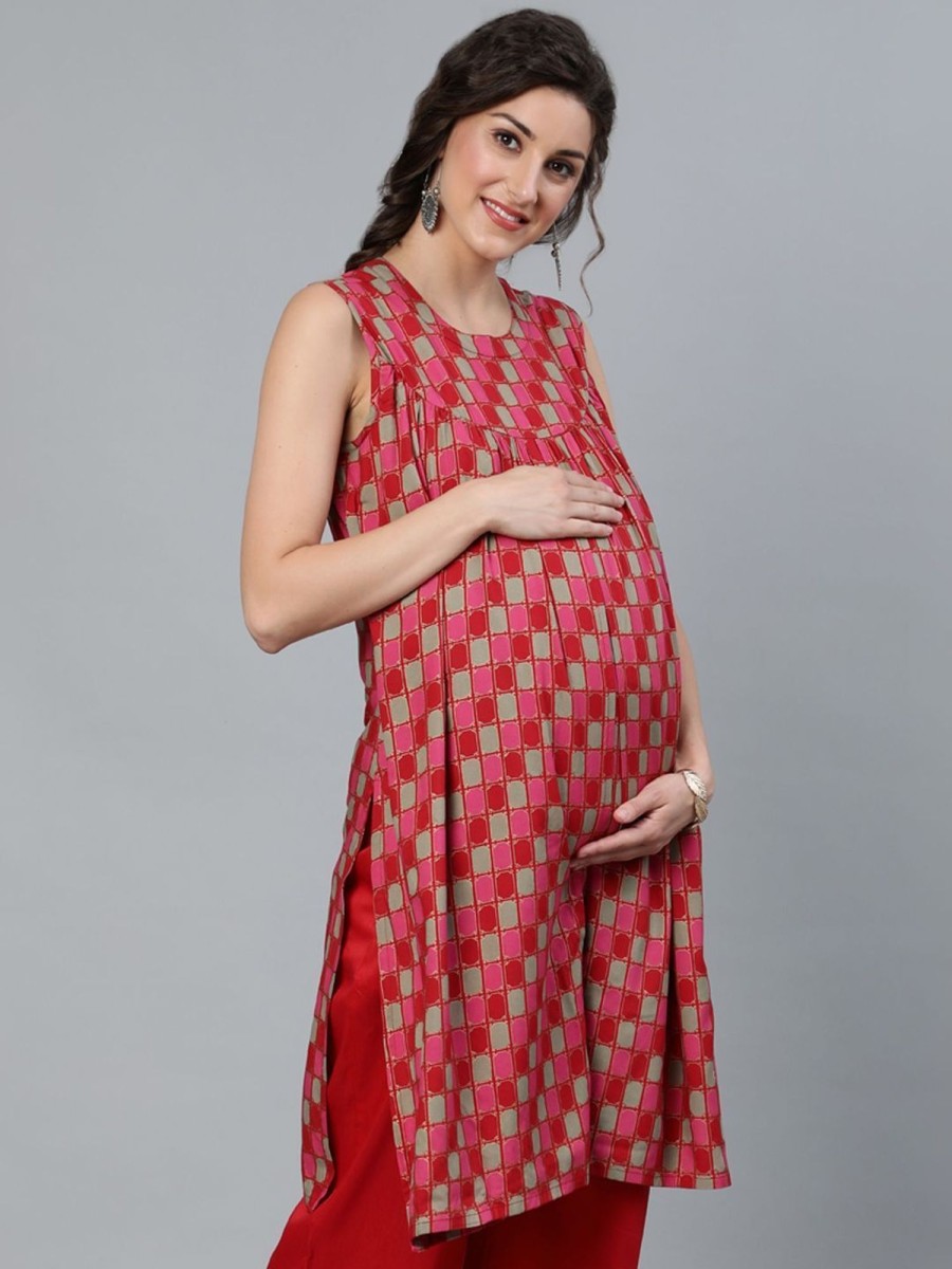 Women AKS | Women'S Gold Printed Maternity Tunic - Aks Red