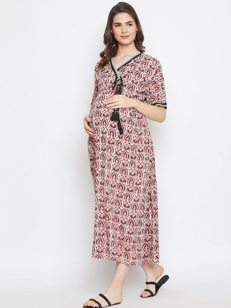 Women The Kaftan Company | Women'S Block Print Cotton Maternity And Nursing Dress - The Kaftan Company Beige