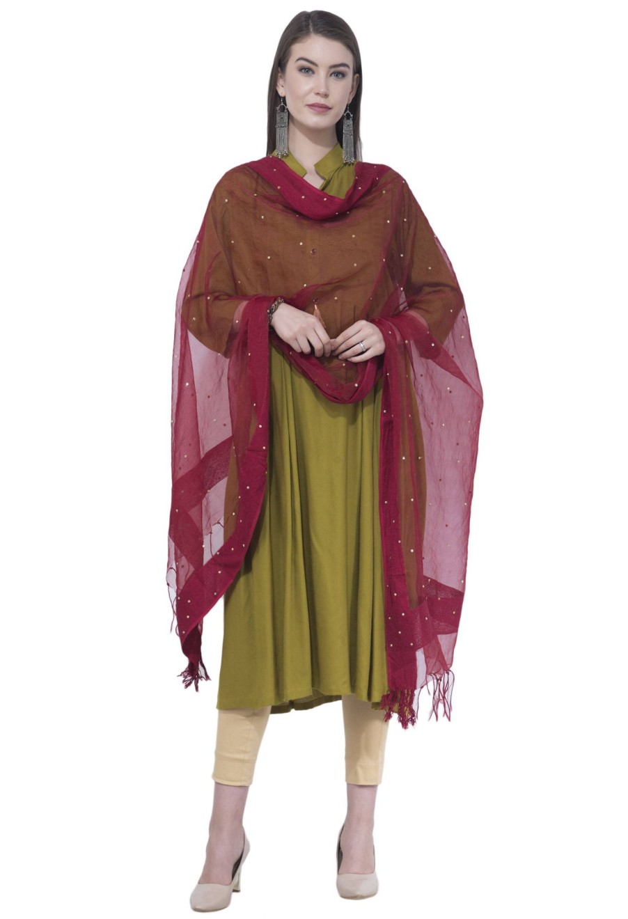 Women AR Silks | A R Silk Women'S Stone Work Orgenza Cotton Dupattas And Chunnis Mehroon