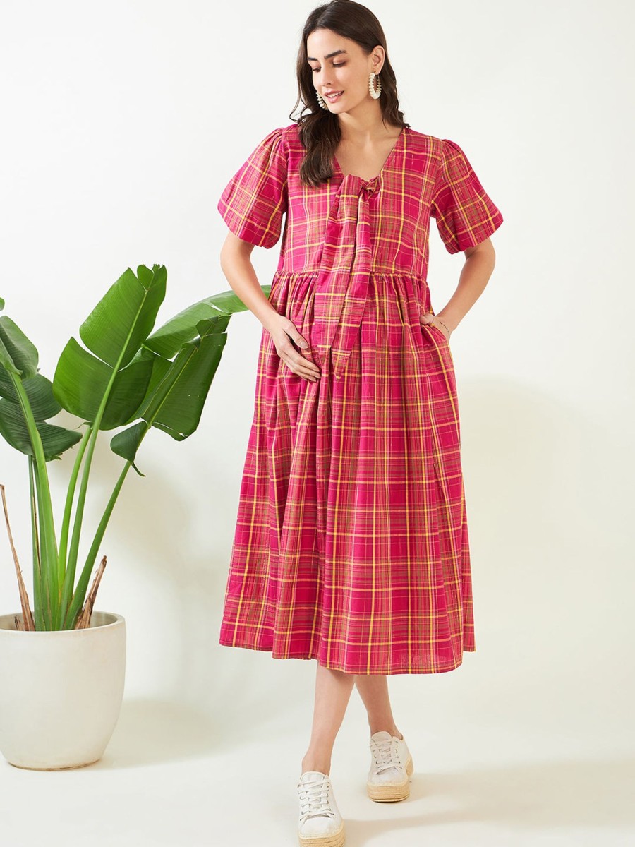 Women The Kaftan Company | Women'S Checkered Tie-Knot Maternity Dress - The Kaftan Company Pink