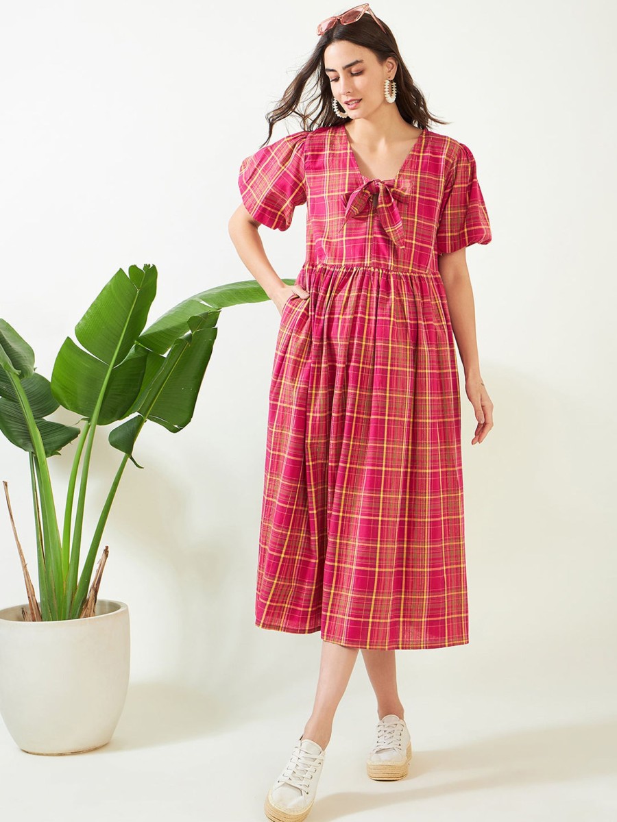 Women The Kaftan Company | Women'S Checkered Tie-Knot Maternity Dress - The Kaftan Company Pink