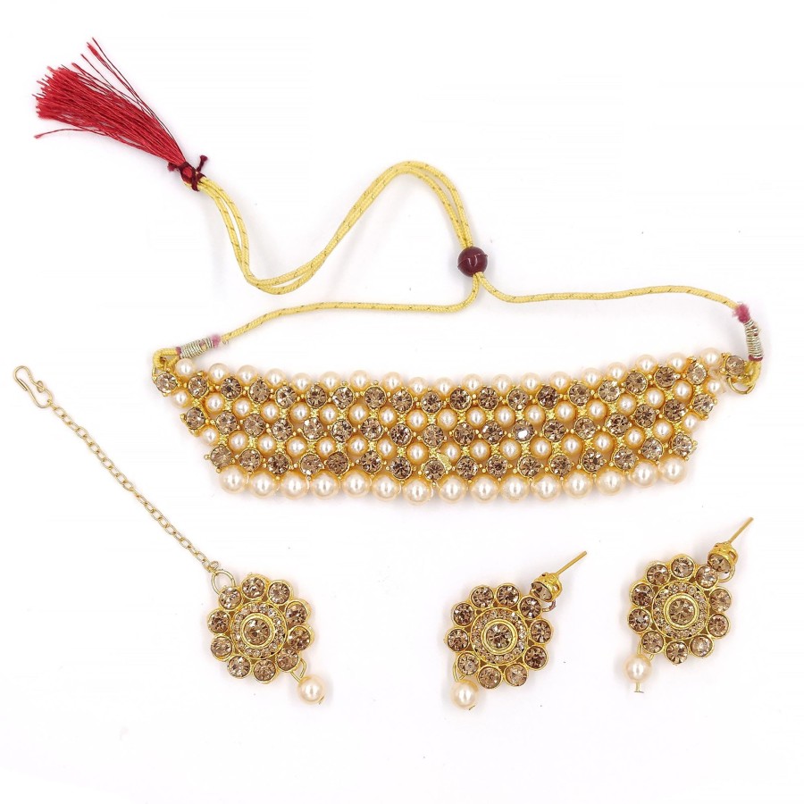 Jewellery Zaffre Collections | Women'S Trendy Crystal And Pearl Choker Combo With Maang Tikka - Zaffre Collections Gold