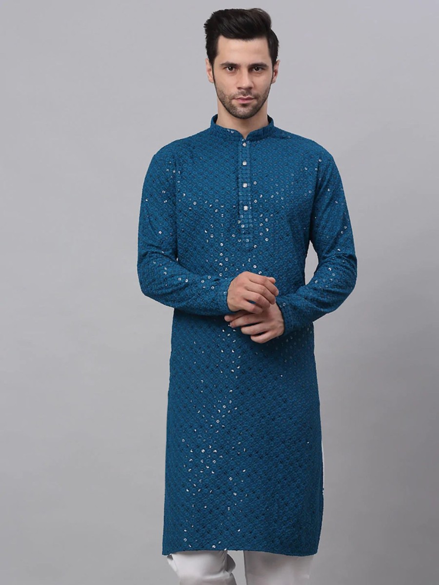 Men Virat Fashions | Men'S Blue Chikankari Embroidered And Sequence Kurta Only ( Ko 678 Peacock ) - Virat Fashions