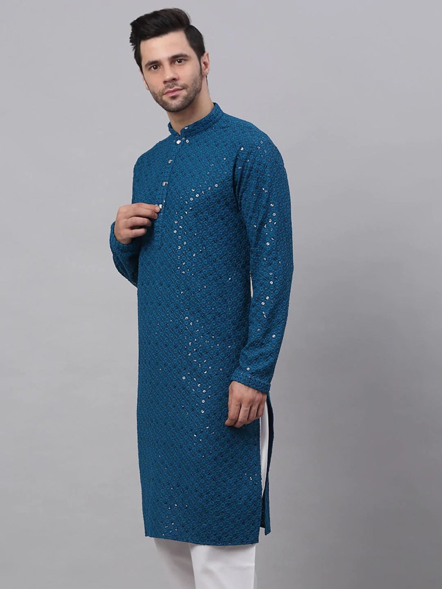 Men Virat Fashions | Men'S Blue Chikankari Embroidered And Sequence Kurta Only ( Ko 678 Peacock ) - Virat Fashions