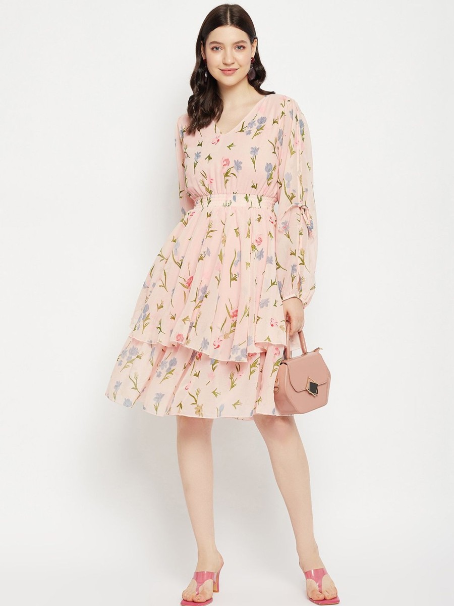 Women BitterLime | Women'S Printed Floral Tiered Dress - Bitterlime Peach