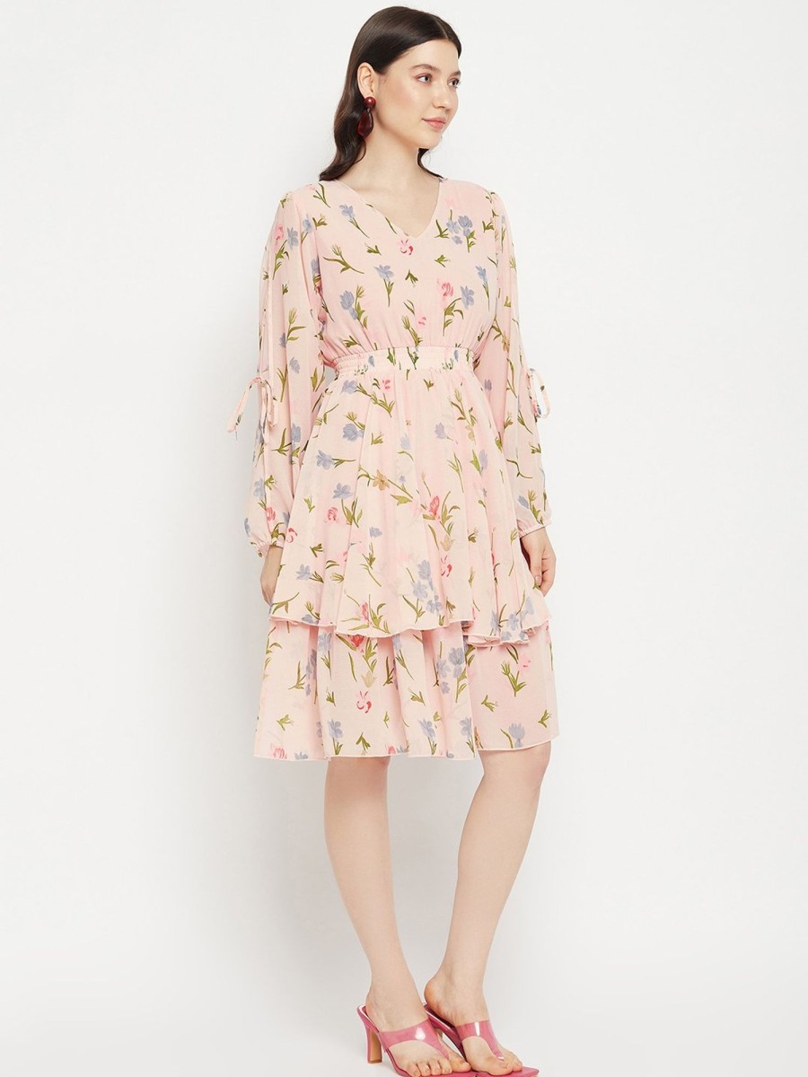 Women BitterLime | Women'S Printed Floral Tiered Dress - Bitterlime Peach