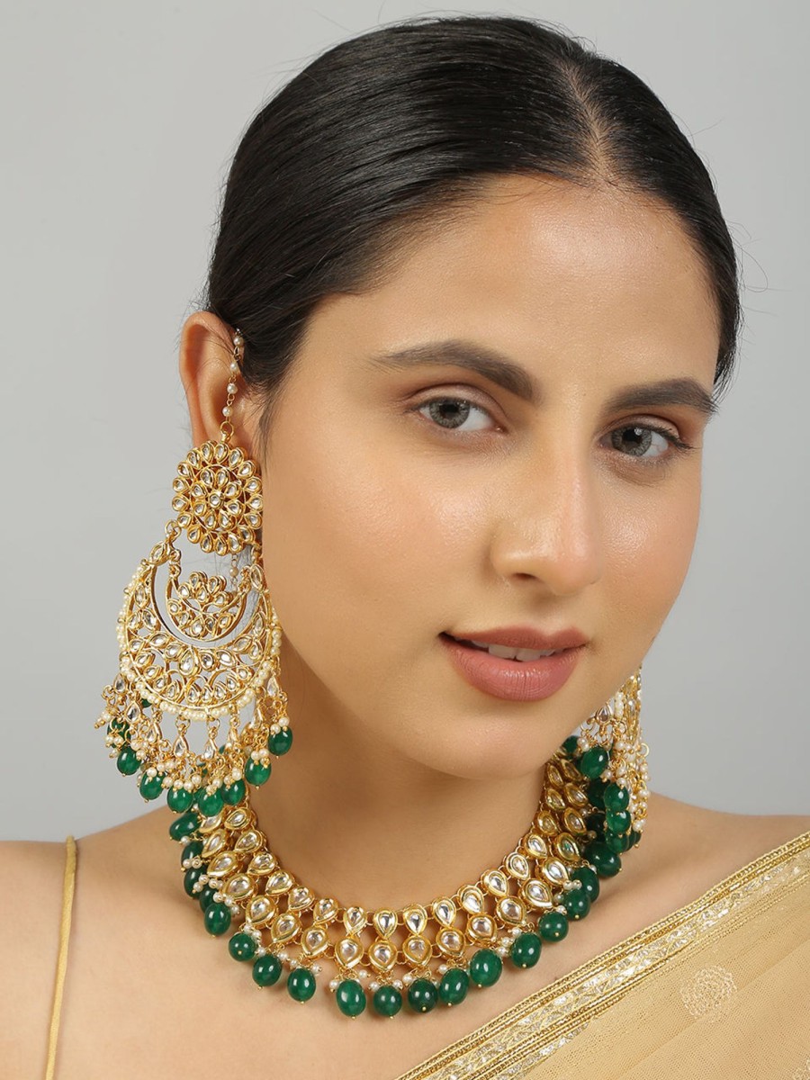 Jewellery Femizen | Women'S Gold Toned Kundan Necklace With Pair Of Earrings - Femizen Green