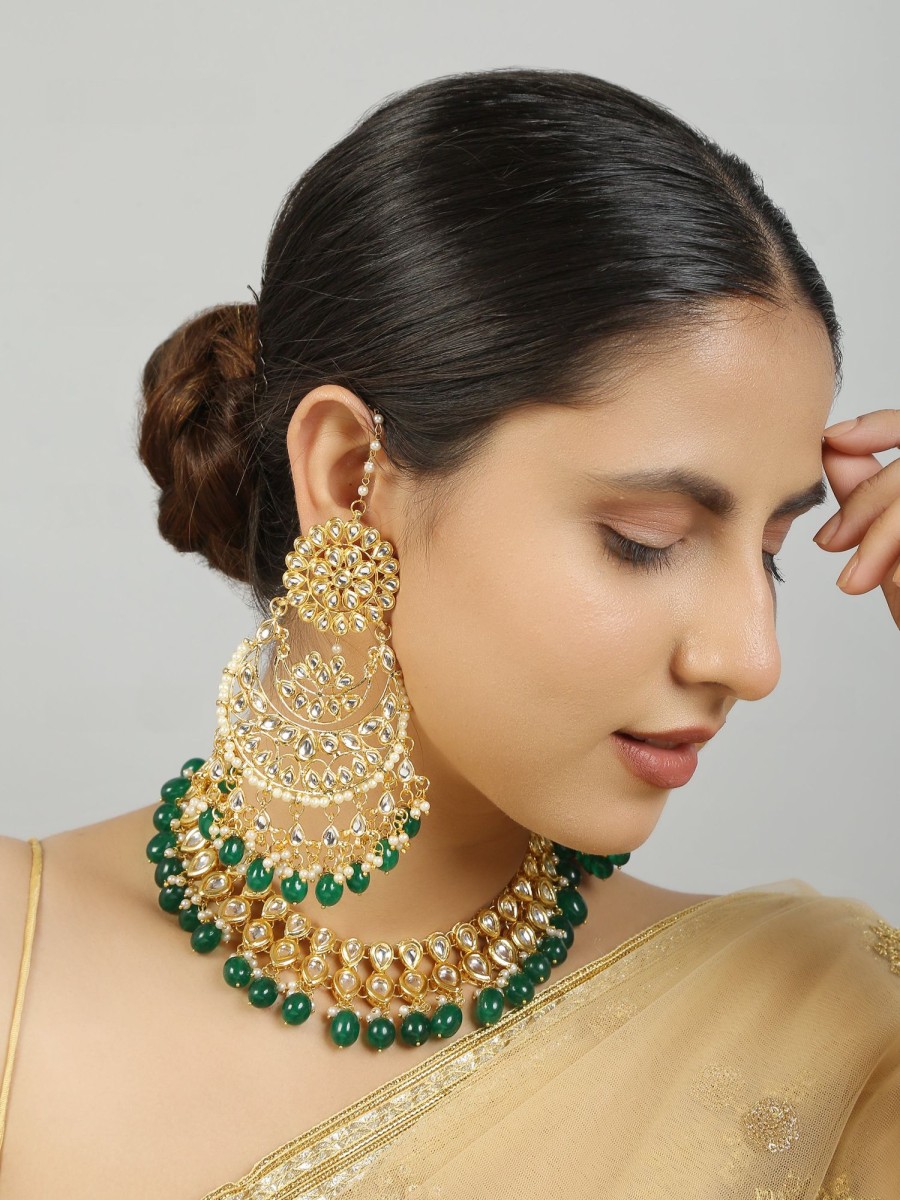 Jewellery Femizen | Women'S Gold Toned Kundan Necklace With Pair Of Earrings - Femizen Green