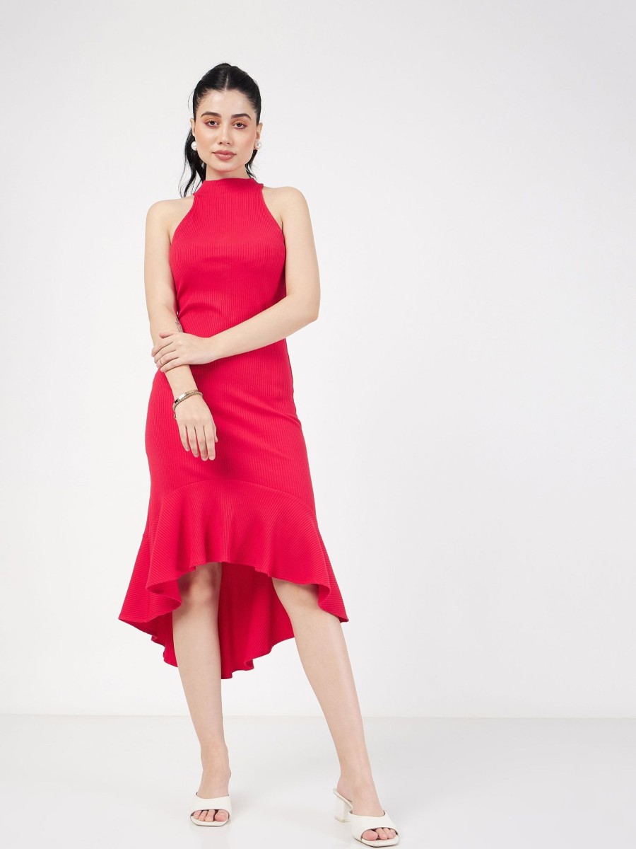 Women Lyush | Women'S Red Rib Fish Frill Bodycon Midi Dress - Lyush