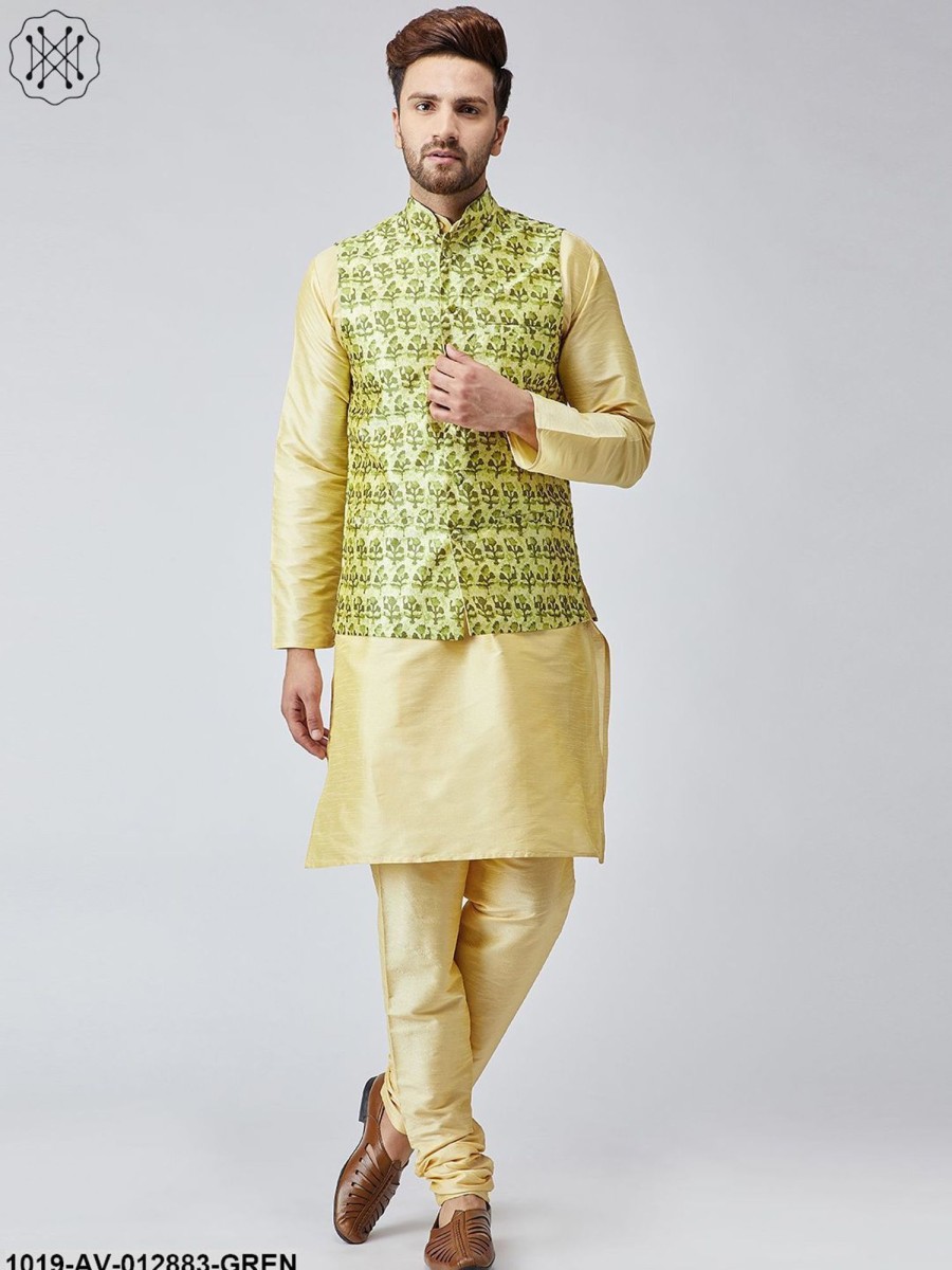 Men Sojanya | Men'S Lime Green Printed Nehru Jacket - Sojanya