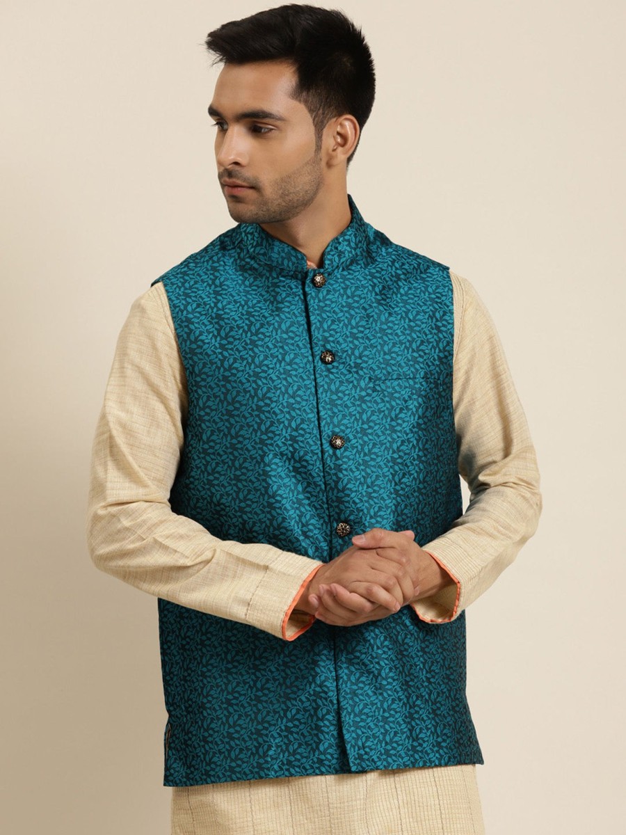 Men Sojanya | Men'S Jacquard Silk Turquoise Self Design Only Nehrujacket - Sojanya Blue