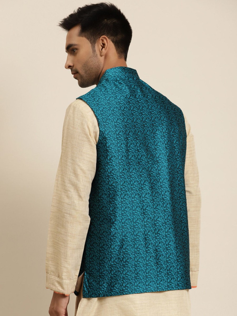 Men Sojanya | Men'S Jacquard Silk Turquoise Self Design Only Nehrujacket - Sojanya Blue