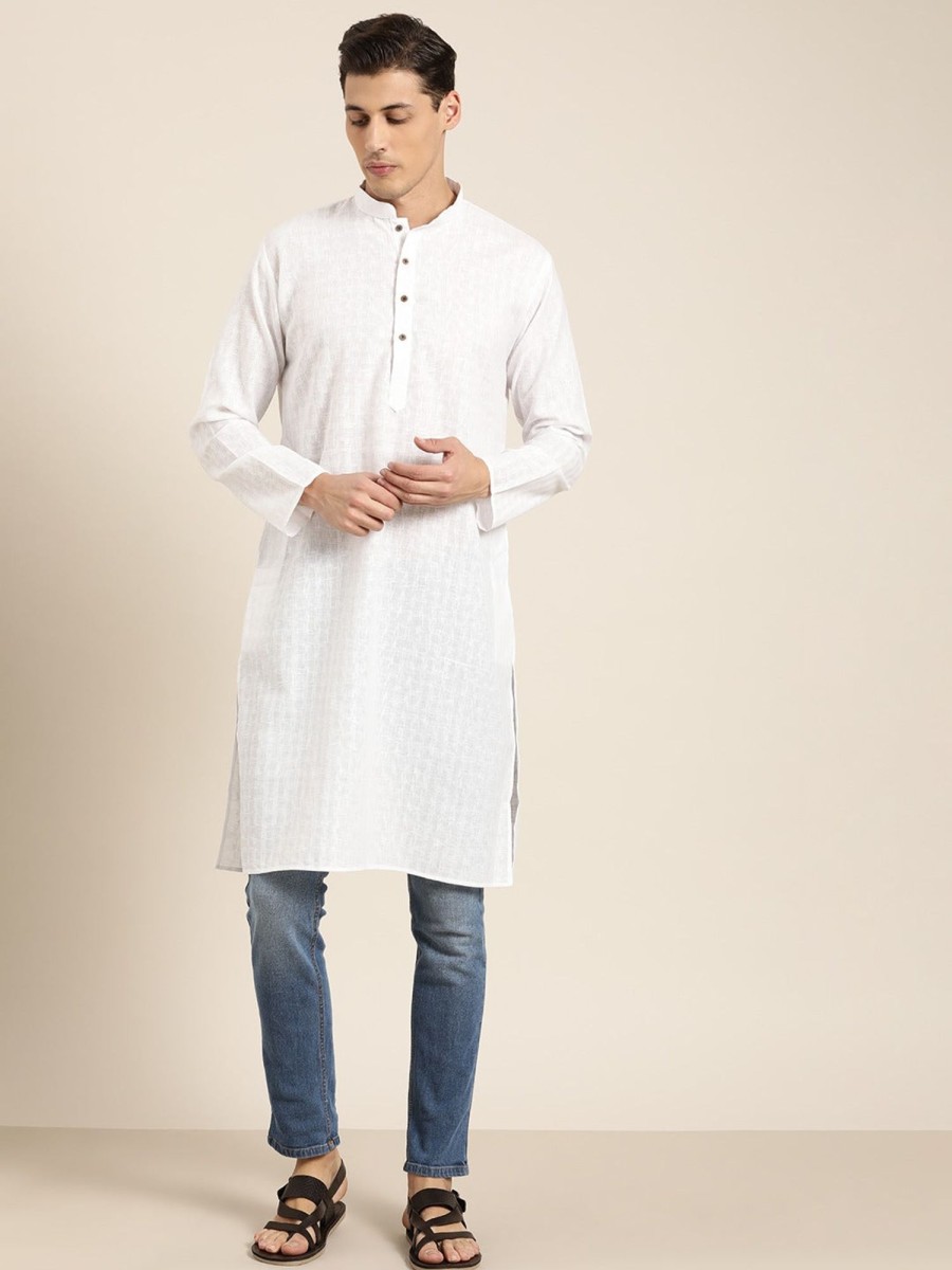 Men Sojanya | Men'S Cotton Blend Woven Design Only Long Kurta - Sojanya White