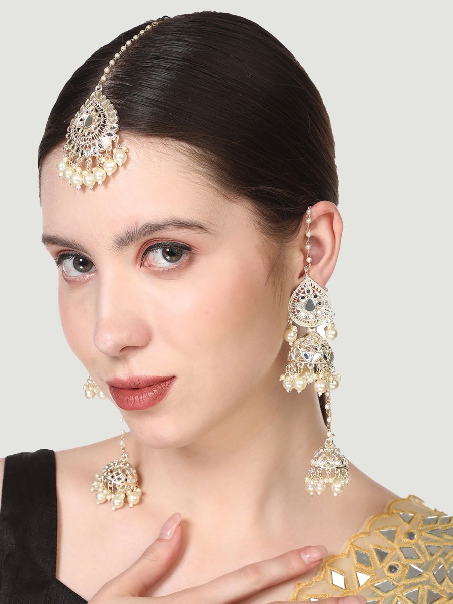 Jewellery Anikas Creation | Women'S Traditional Plated Double Jhumki With Chain White Stone Maangtika Earring - Anikas Creation Gold