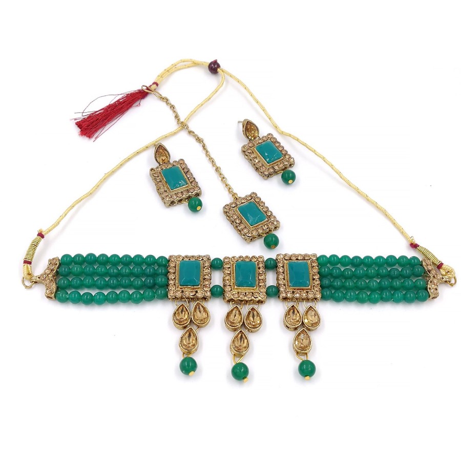 Jewellery Zaffre Collections | Women'S Multistrand Dark Beads And Stones Traditional Choker Necklace U0026 Maang Tikka - Zaffre Collections Green