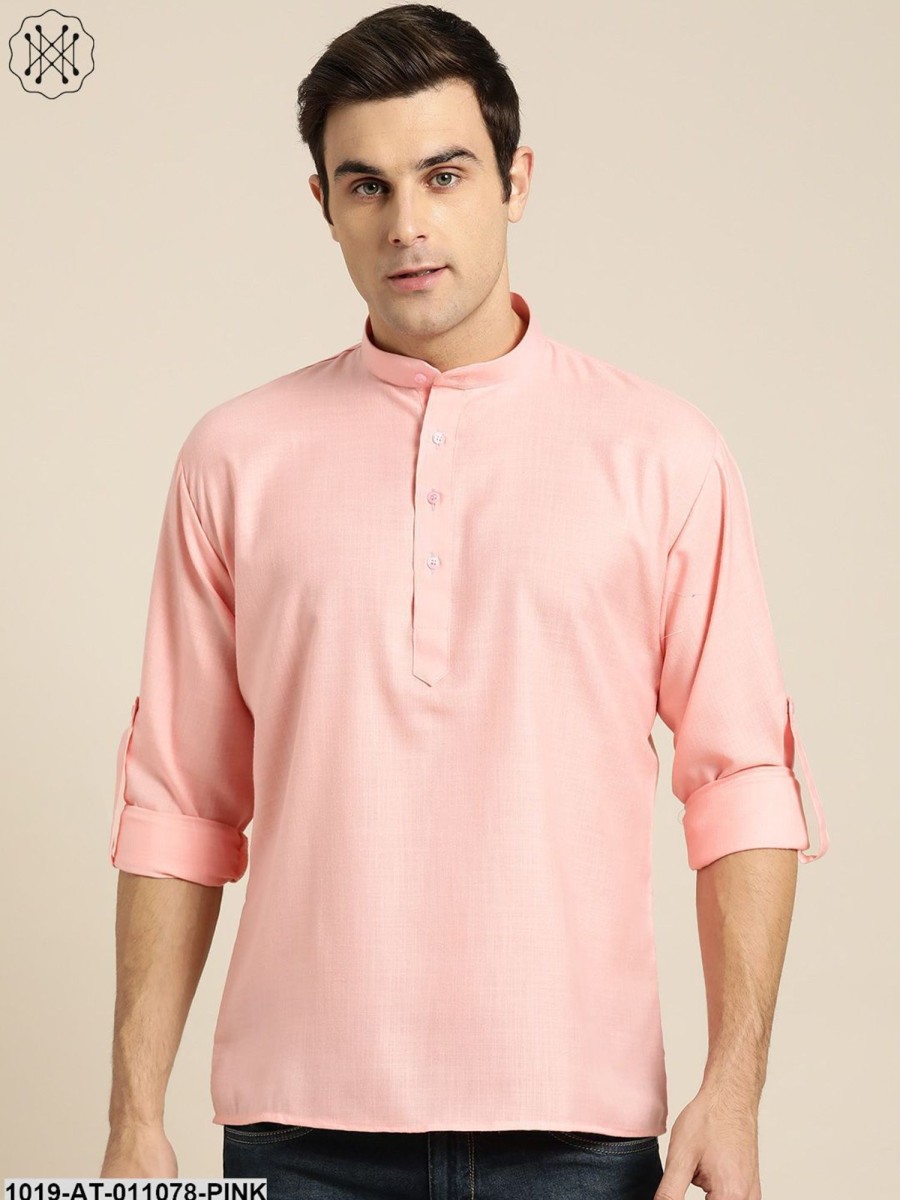 Men Sojanya | Men'S Cotton Pink Solid Short Kurta - Sojanya