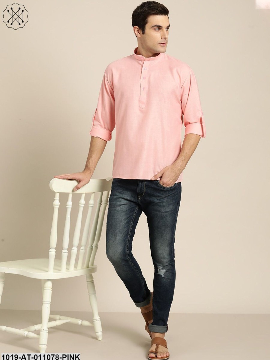 Men Sojanya | Men'S Cotton Pink Solid Short Kurta - Sojanya