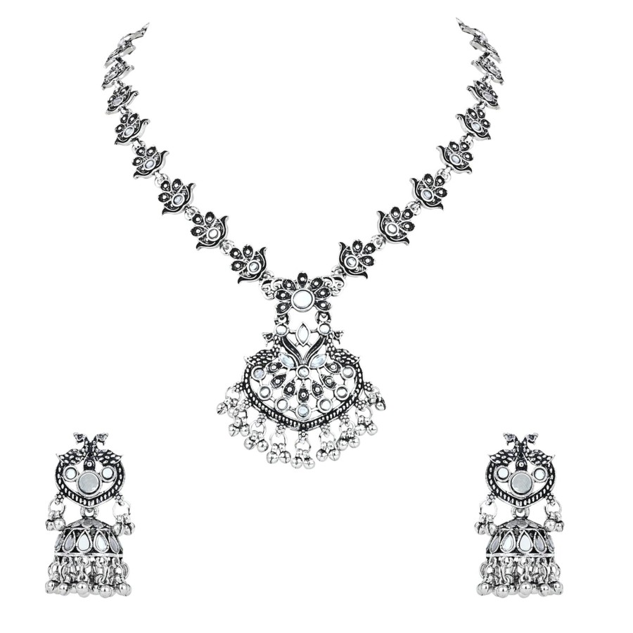 Jewellery I Jewels | Women'S Navratri Ethnic Stylish Boho Silver Chain Pendant Long Necklace Jewellery Set - I Jewels Oxidised