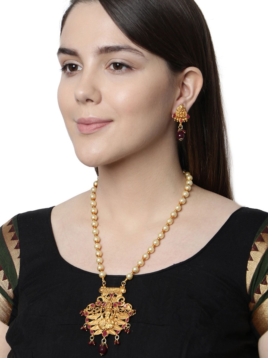 Jewellery Anikas Creation | Antique Matte Gold Finish Maroon Stone Studded Temple Jewellery Set - Anikas Creation Multicolor