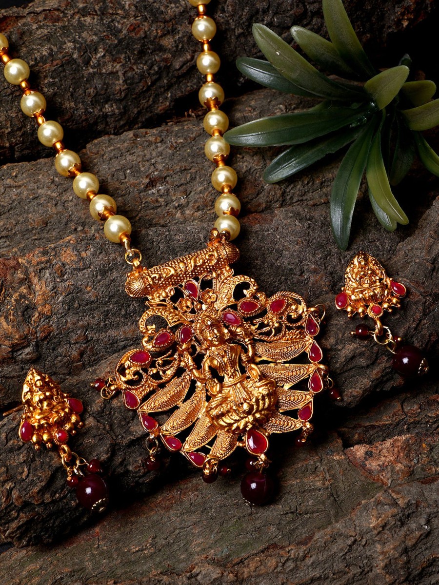 Jewellery Anikas Creation | Antique Matte Gold Finish Maroon Stone Studded Temple Jewellery Set - Anikas Creation Multicolor