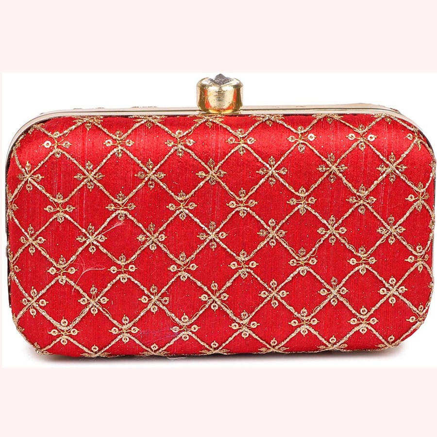 Others VASTANS | Women'S Red Color Tulle Embroidered Faux Silk Clutch - Vastans