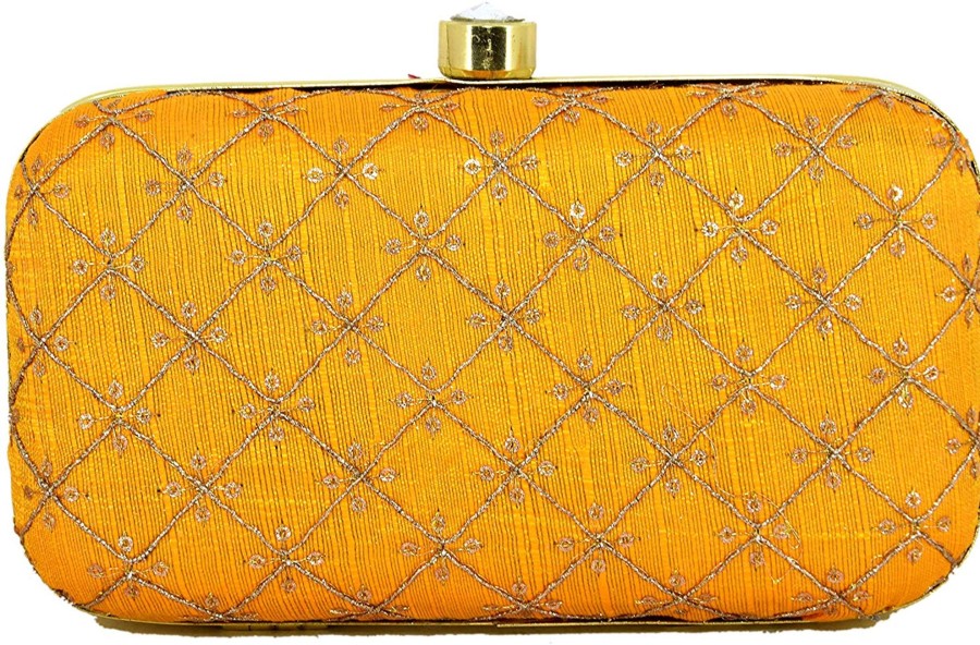 Others VASTANS | Women'S Yellow Color Tulle Embroidered Faux Silk Clutch - Vastans