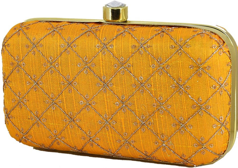 Others VASTANS | Women'S Yellow Color Tulle Embroidered Faux Silk Clutch - Vastans