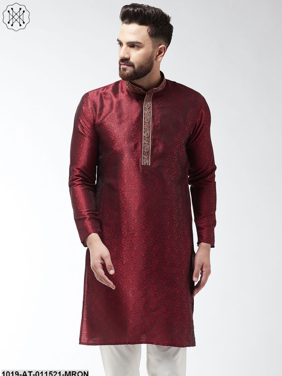 Men Sojanya | Men'S Silk Blend Maroon Self Design Only Long Kurta - Sojanya