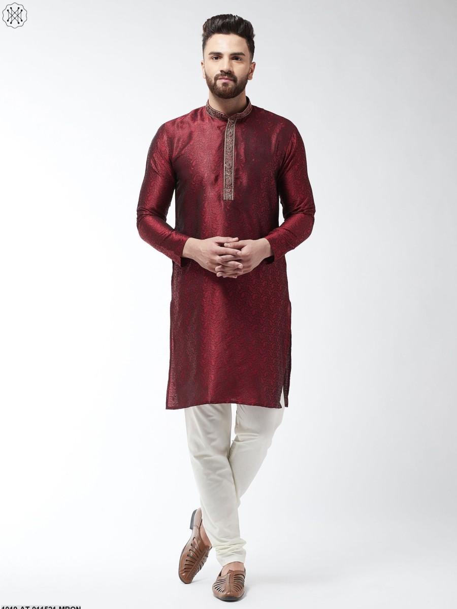 Men Sojanya | Men'S Silk Blend Maroon Self Design Only Long Kurta - Sojanya