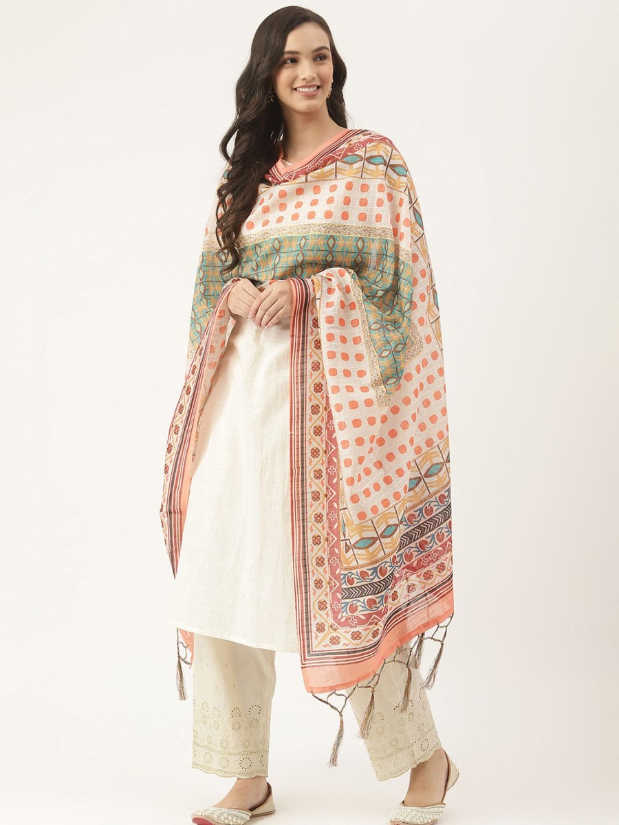 Women VAABA | Women'S Color Cotton Blend Sequence Checks Printed Dupatta - Vaaba Cream