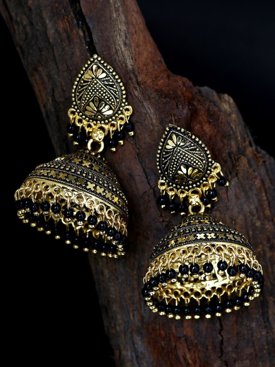 Jewellery Anikas Creation | Women'S Gold Plated U0026 Dome Shaped Enamelled Jhumkas - Anikas Creation Black