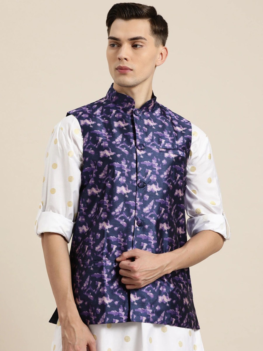 Men Sojanya | Men'S Silk Blend Navy Printed Only Nehrujacket - Sojanya Blue