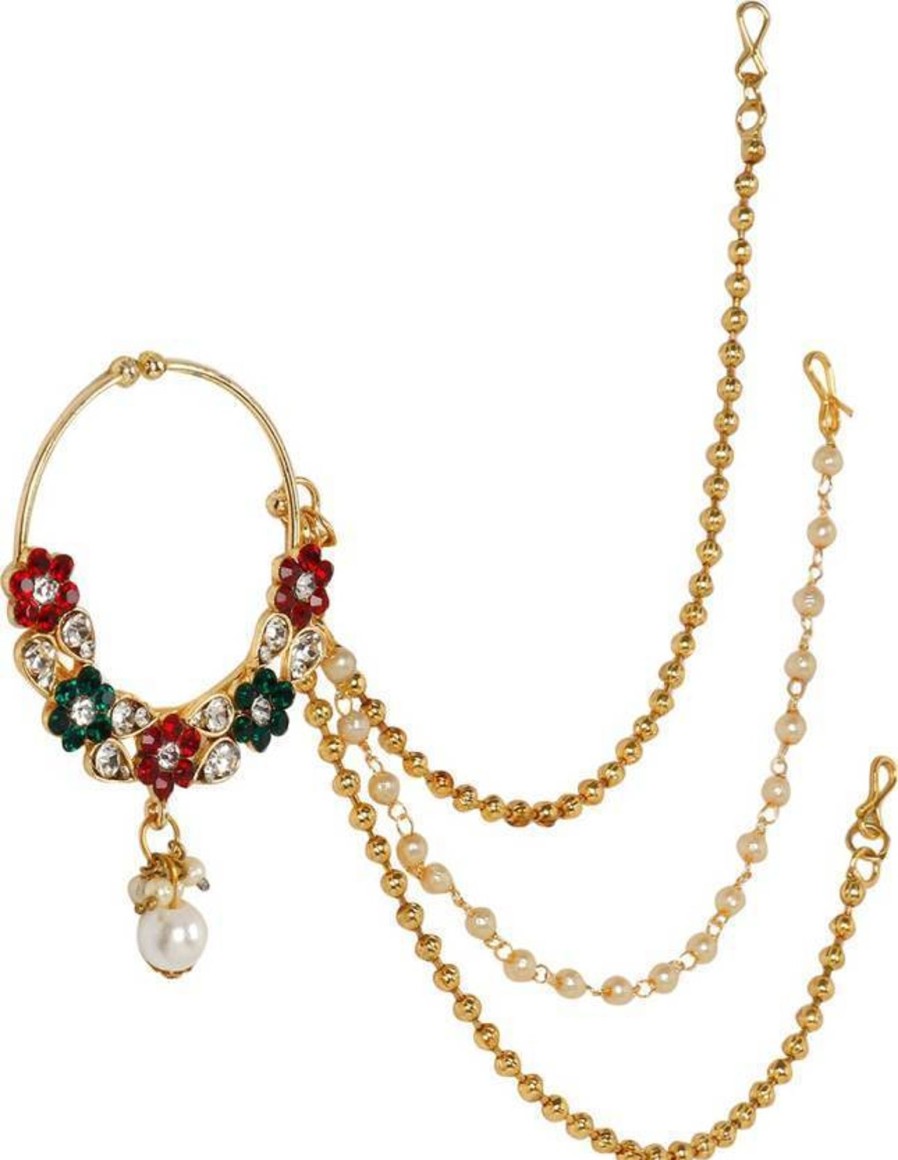 Jewellery Priyaasi | Women'S Gold Plated Stone Studded Triple Chain Multicolor Floral Nath/Nose Ring - Priyaasi