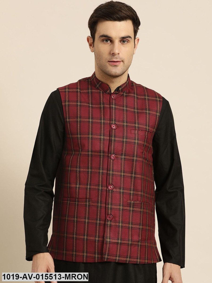 Men Sojanya | Men'S Cotton Blend Maroon U0026 Black Checked Nehru Jacket - Sojanya