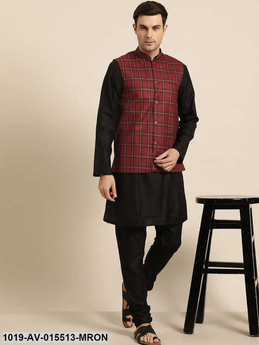 Men Sojanya | Men'S Cotton Blend Maroon U0026 Black Checked Nehru Jacket - Sojanya