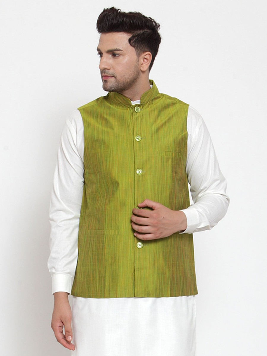 Men Virat Fashions | Men'S Green Woven Design Nehru Jacket ( Jowc 4010 Green ) - Virat Fashions