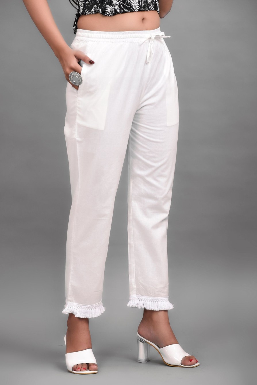 Women Hatheli | Women'S White Cotton Frill Palazzo - Hatheli