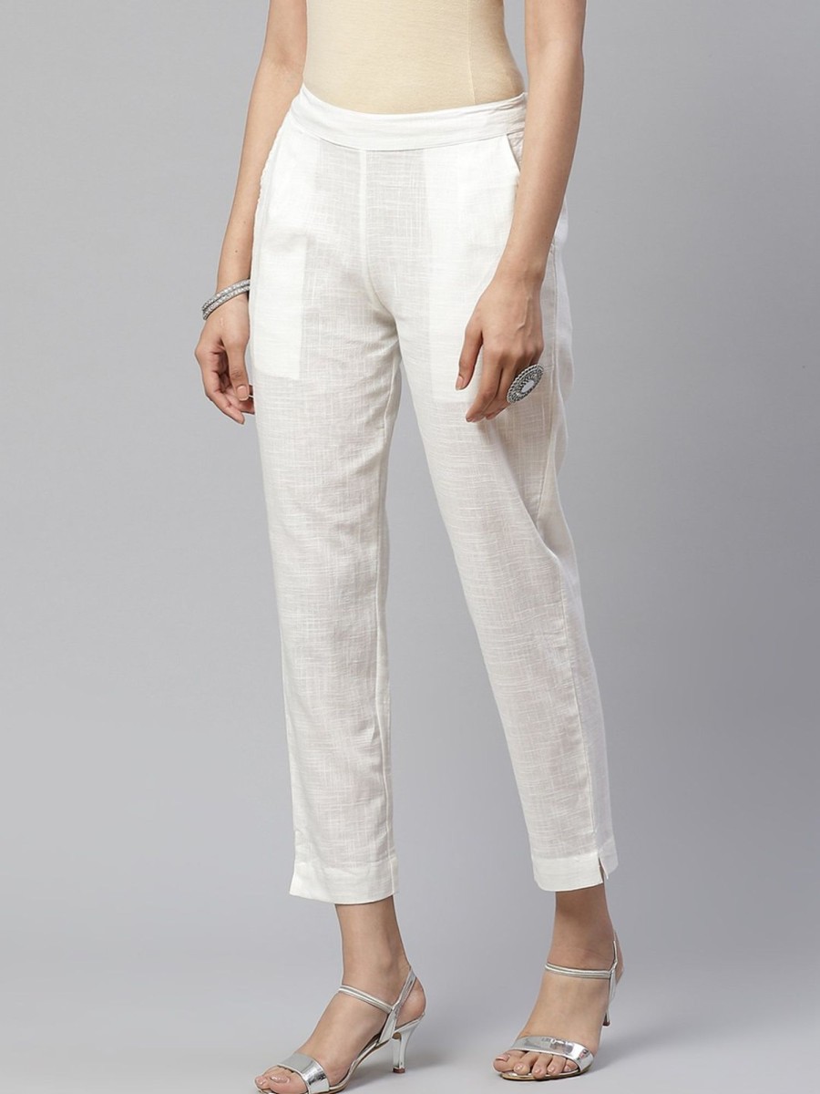 Women Wahe-NOOR | Women'S Off White Cotton Trouser - Wahenoor