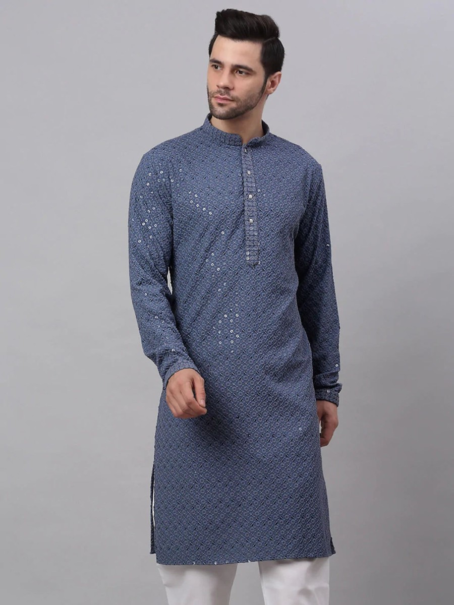 Men Virat Fashions | Men'S Grey Chikankari Embroidered And Sequence Kurta Only ( Ko 678 Grey ) - Virat Fashions