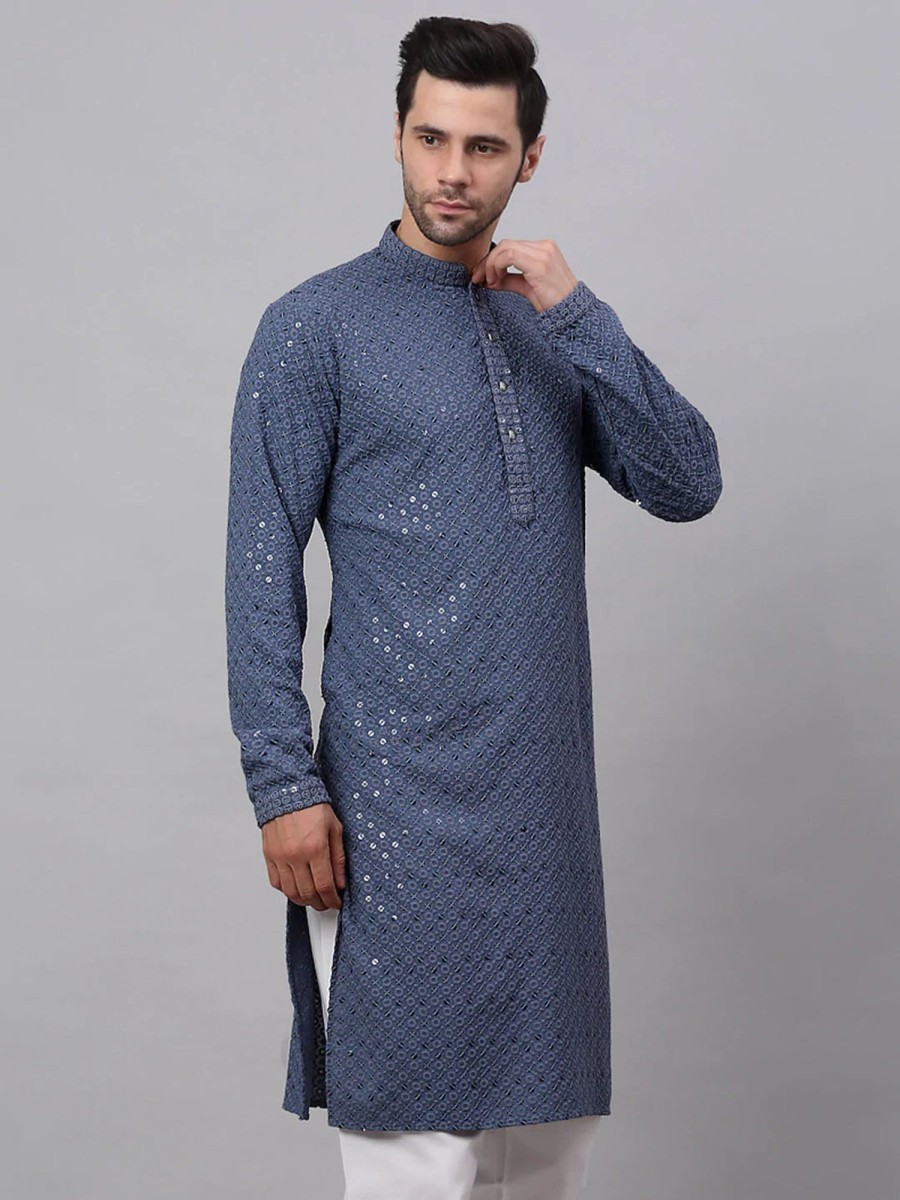 Men Virat Fashions | Men'S Grey Chikankari Embroidered And Sequence Kurta Only ( Ko 678 Grey ) - Virat Fashions