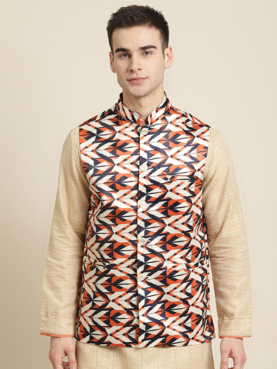 Men Sojanya | Men'S Silk Blend Printed Only Nehru Jacket - Sojanya Cream