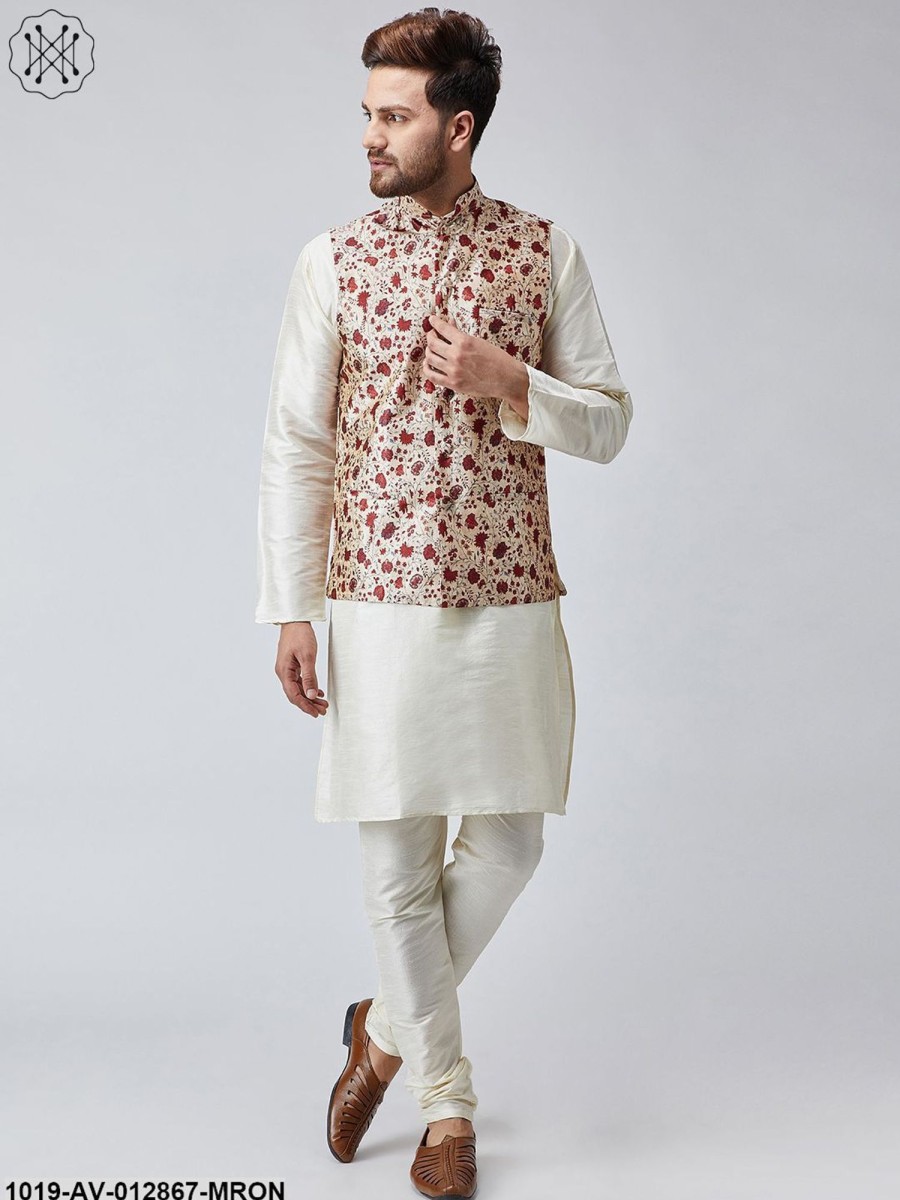 Men Sojanya | Men'S Maroon Printed Nehru Jacket - Sojanya