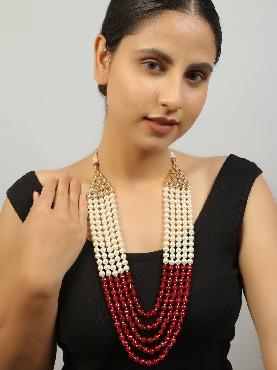 Jewellery Femizen | Women'S Ruby And Pearl Layered Necklace - Femizen White