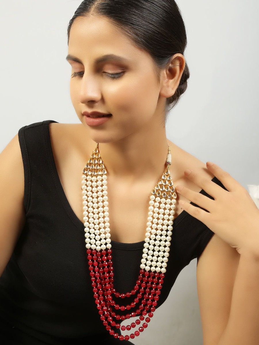 Jewellery Femizen | Women'S Ruby And Pearl Layered Necklace - Femizen White