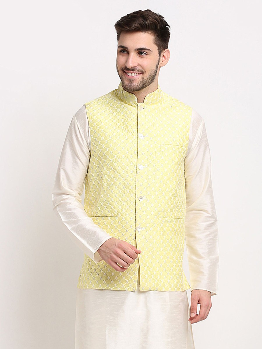 Men Virat Fashions | Men'S Yellow Yellow And White Embroidered Nehru Jacket ( Jowc 4029Yellow ) - Virat Fashions