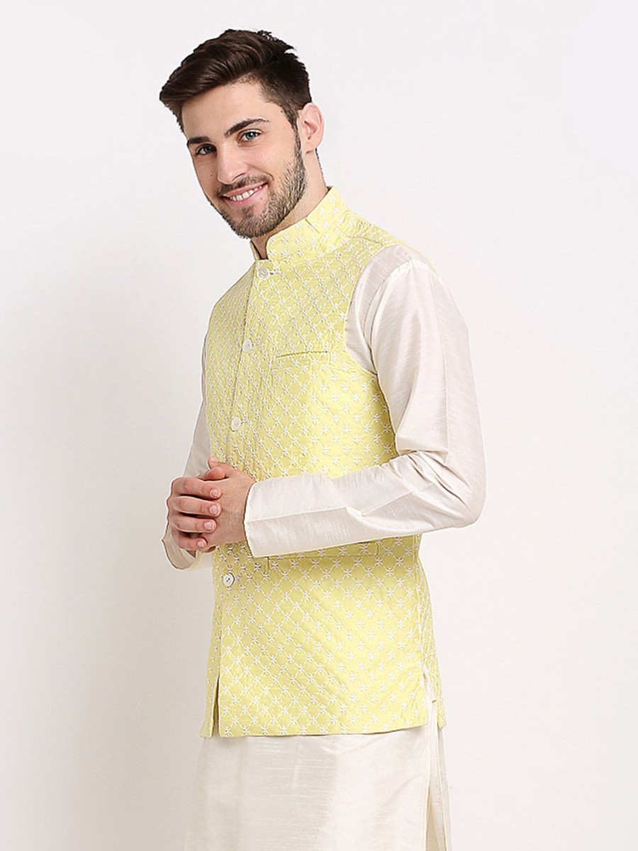 Men Virat Fashions | Men'S Yellow Yellow And White Embroidered Nehru Jacket ( Jowc 4029Yellow ) - Virat Fashions