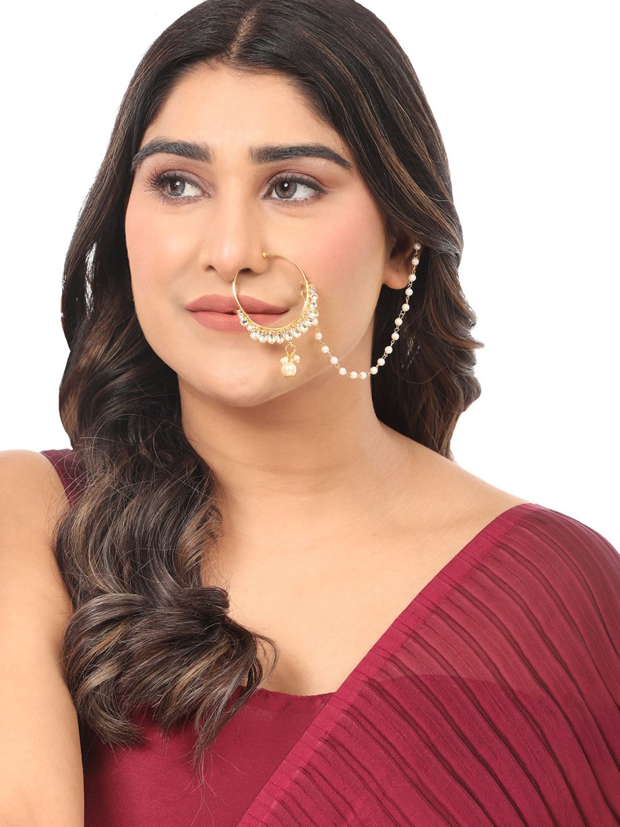 Jewellery Anikas Creation | Antique Plated Chained Nose Ring By Anikas Creation Gold