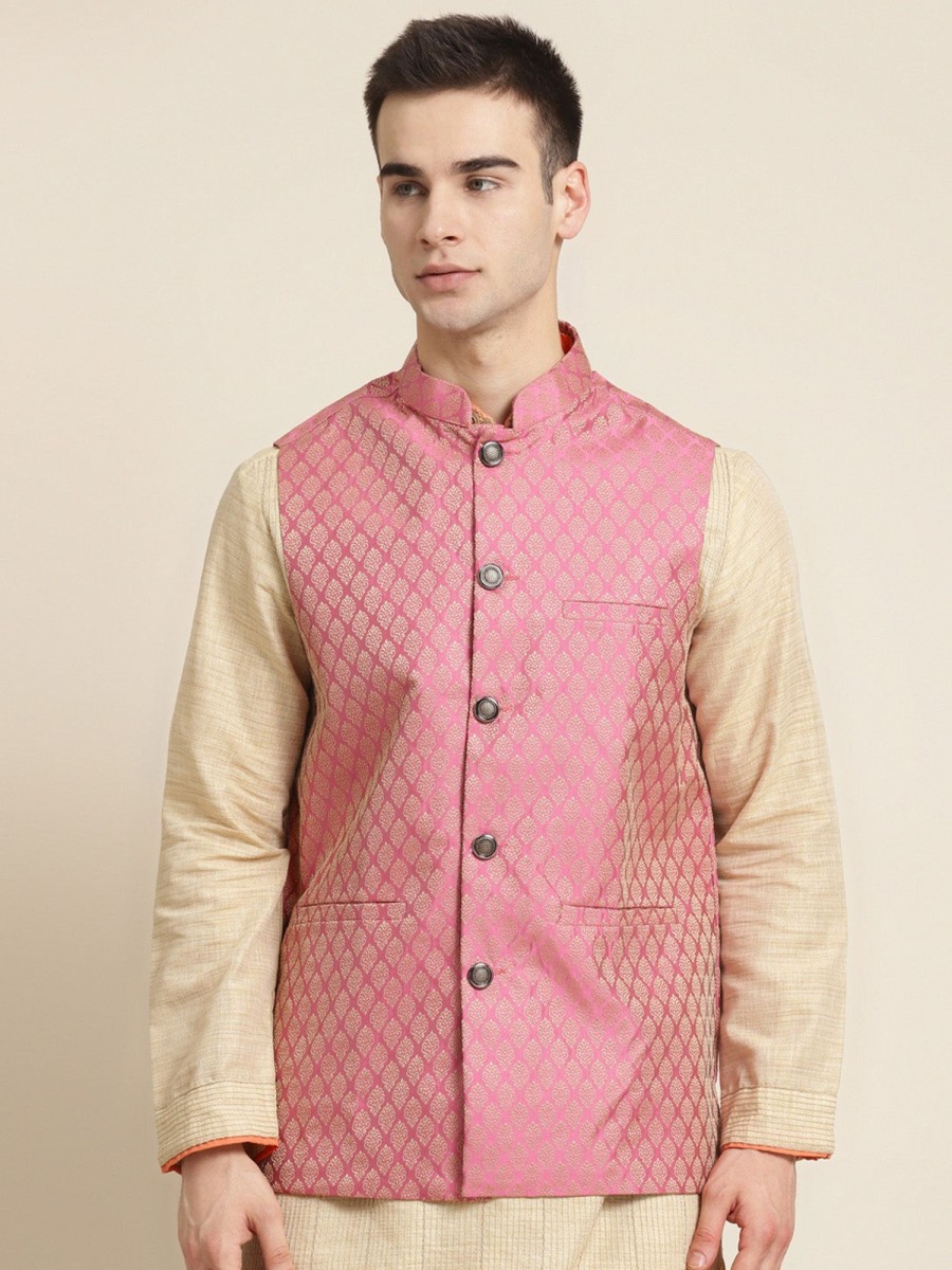 Men Sojanya | Men'S Jacquard Silk Self Design Only Nehrujacket - Sojanya Pink