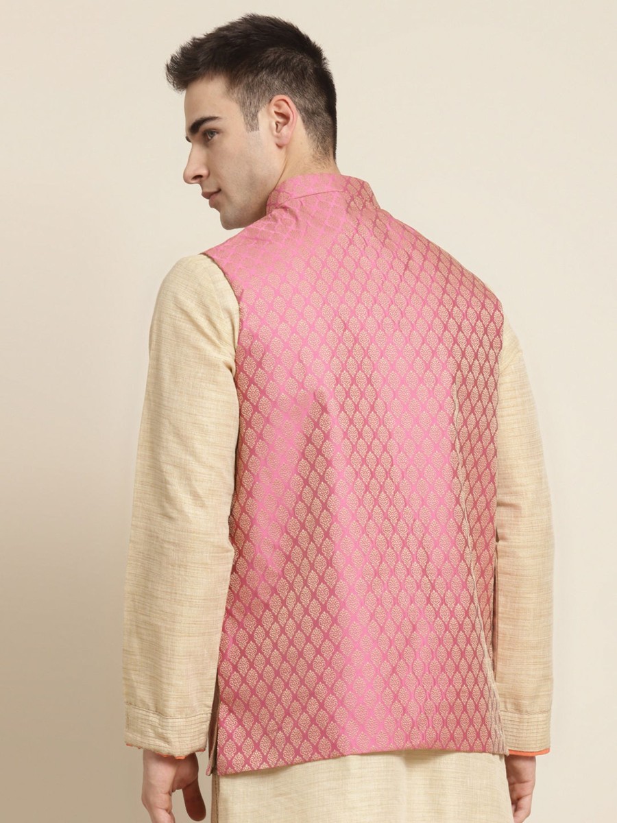 Men Sojanya | Men'S Jacquard Silk Self Design Only Nehrujacket - Sojanya Pink